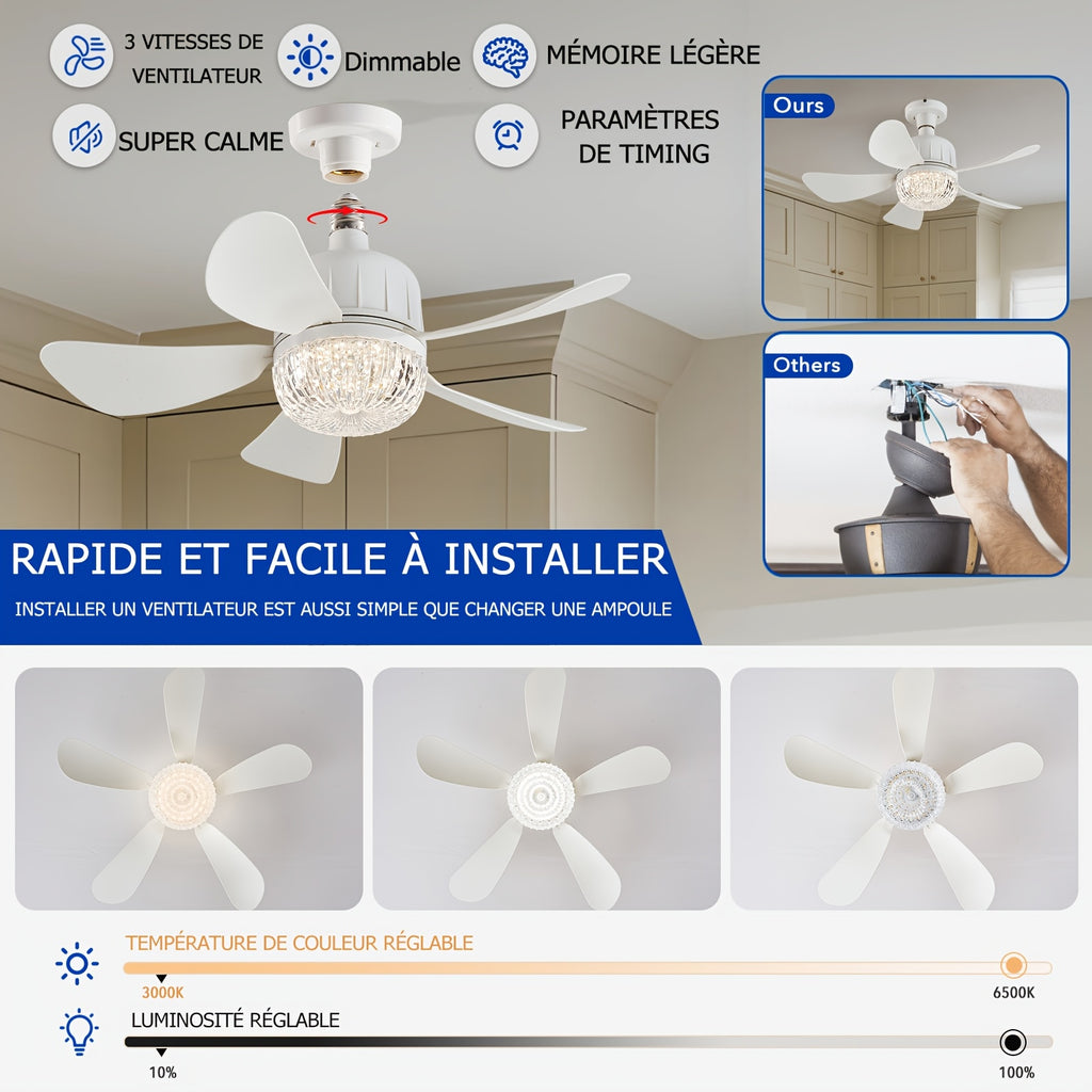 1/2 Pack Christmas Light Socket Ceiling Fan, Plug-in E27/E26 Fan Bulb with Remote, Mini Ceiling Fan 3 Speed Dimmable LED Light, Socket Fan for Kitchen Bedroom Small Rooms