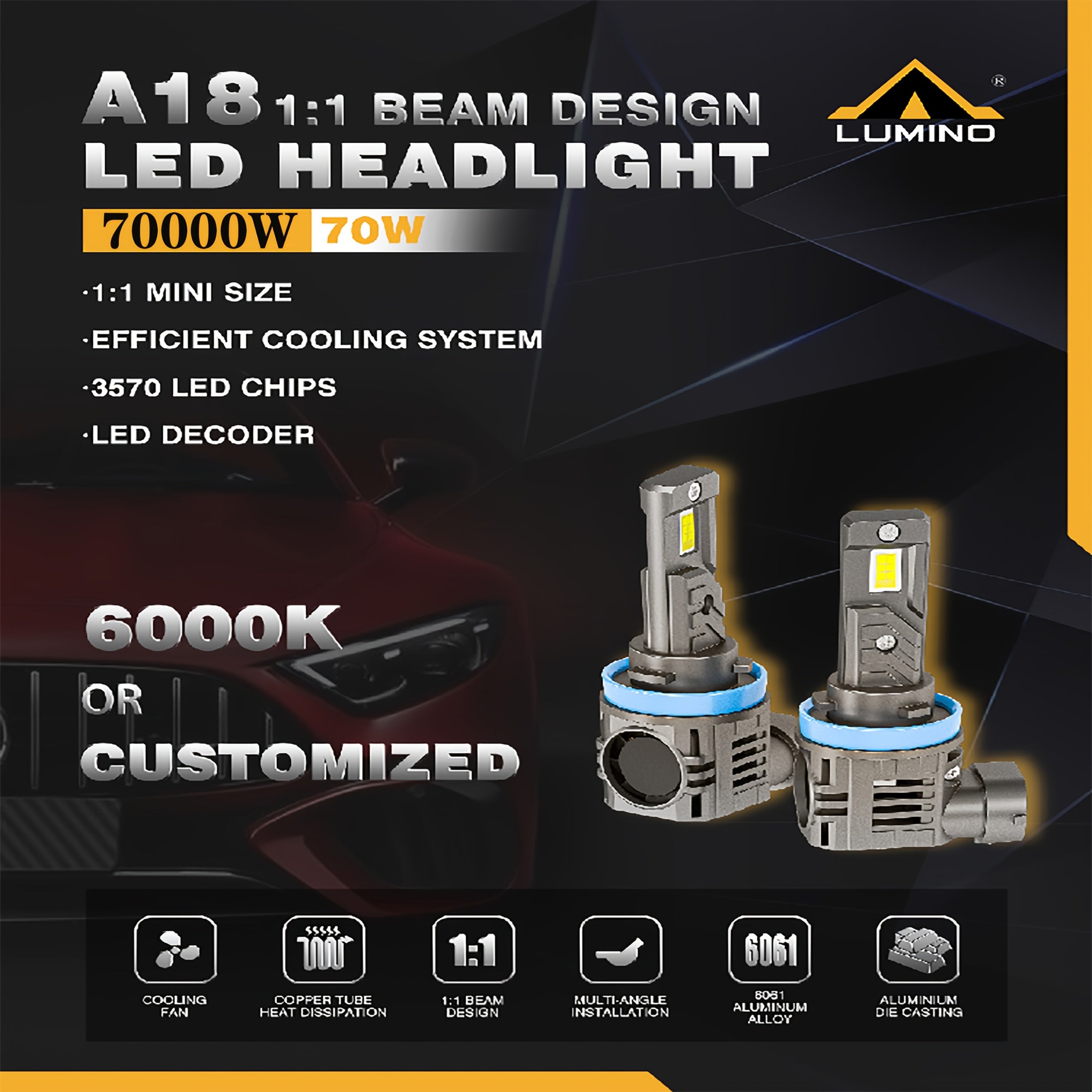 2-Pack H11 HD Super Bright Car Lights CSP Chip 12V 6000K LED Headlight Fog Light, with Built-in Fan, Aluminum Housing, No Battery Needed, Easy Installation, Fits Most Car Models