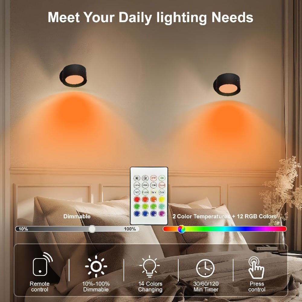 GVTCO Indoor Rechargeable LED Wall Light Multi-Color RGBW Wall Art Light, Portable Cordless LED Light, Dimmable with Remote Control Wall Light, 360° Rotation, USB Charging, 1200mAh, Wireless and Wall-Mounted