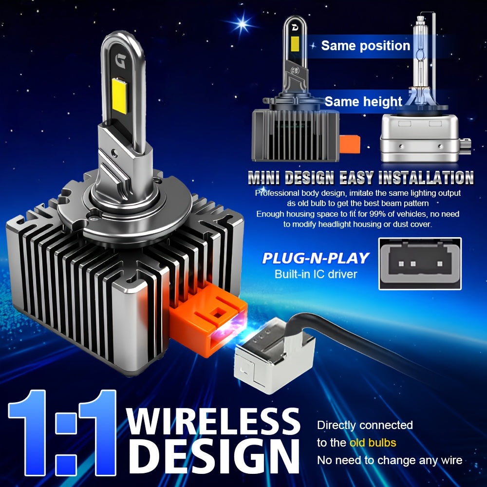 2-Pack Upgraded LED Headlight Bulb Kit, Compatible with D1S, D2S, D3S, D4S and D8S, 6000K White Light, 360° All-Around Heat Dissipation, 180W High Power, Super Bright CSP Chip Technology, Easy to Install, Battery Not Included