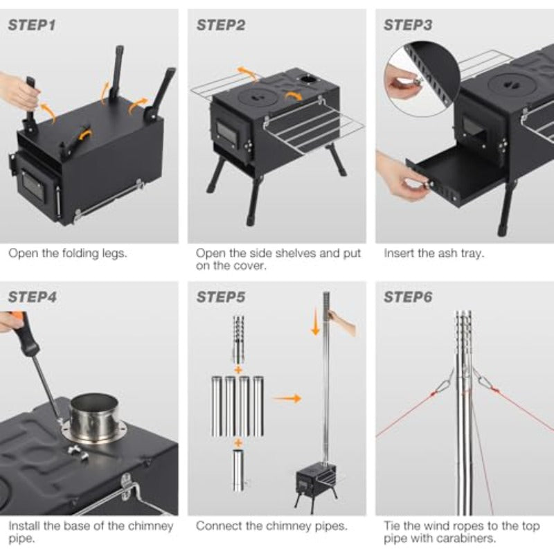 Portable Windproof Chimney Wood Stove, Includes Gloves & Tent Rope, Camping Wood Stove for Tent Shelter, Outdoor Cooking & Heating, Black