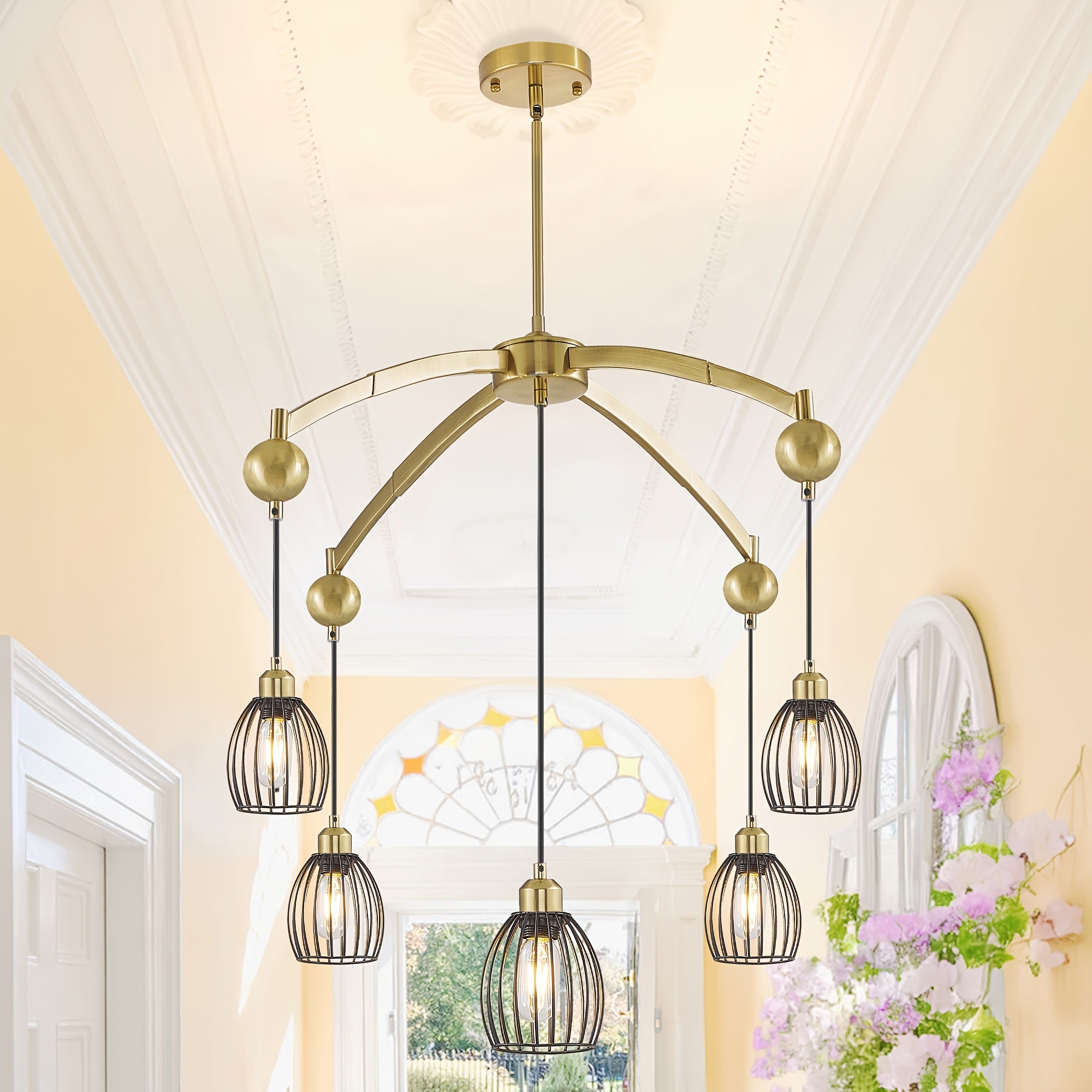Adjustable farmhouse style pendant light, industrial metal cage ceiling light fixture