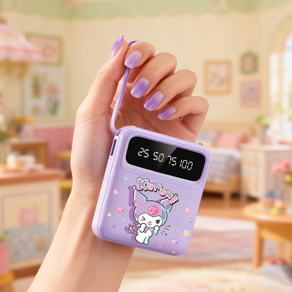 [Kuromi Mini Power Bank] Cartoon Pattern Portable Power Bank, Compatible with Android/iPhone Devices/Tablets with LED And Digital Display, Dual LED Lamp Portable Mobile Power Supply, Built-in Lanyard, Outdoor Travel Emergency Backup