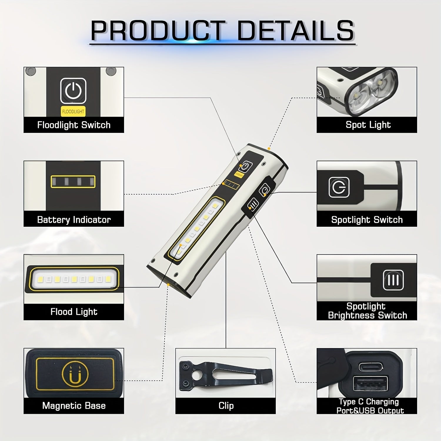 1/2-pack LED rechargeable work light with magnetic base - aluminum housing portable flashlight, suitable for mechanic car repair, emergency - 4 modes floodlight + spotlight