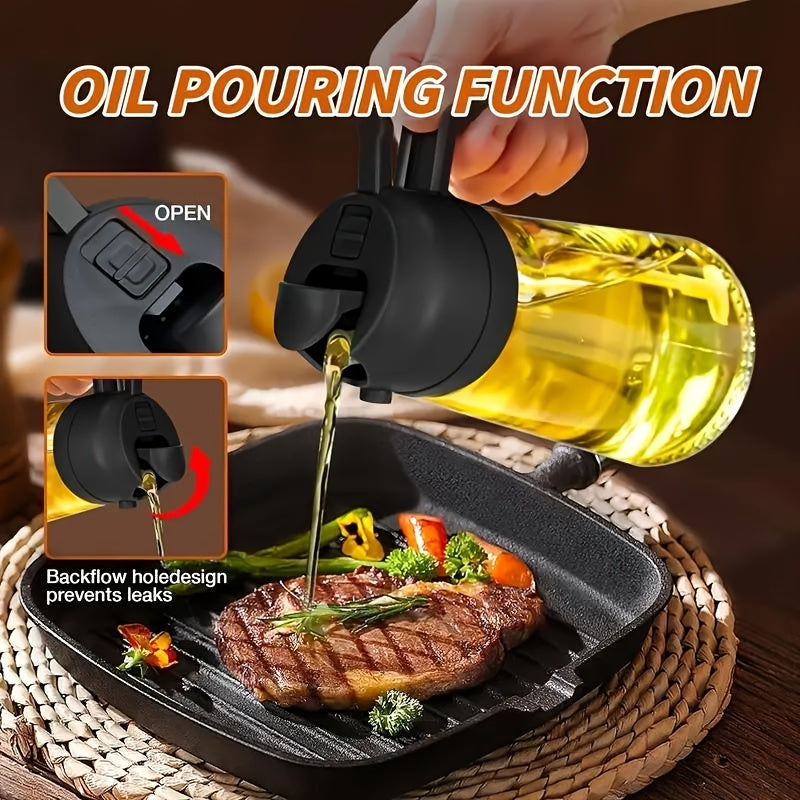 16 Oz Glass Oil Spray Bottle - 470ml Olive Oil Sprayer, 2-in-1 Kitchen Gadget, Perfect for Cooking, Salad Dressing and Barbecue, Square Design with Black Lid, Hand Wash Only, PVC Free