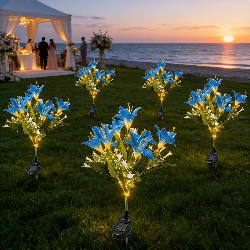 Solar 7-Head Lily LED Garden Light, Realistic Lily Bouquet Shape, Wrapped String Light, Suitable for Outdoor Path, Lawn or Courtyard Decoration, Birthday Party and Wedding Decoration