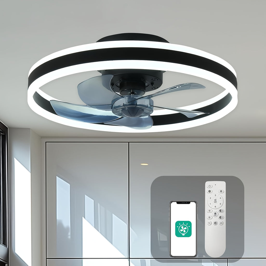 Modern Indoor Remote Control Flush Mount Ceiling Fan, Embedded Design, 19.7 Inch Dimmable LED Light, Low Profile Smart Color Changing, 3 Lighting Modes & 6 Speed Settings