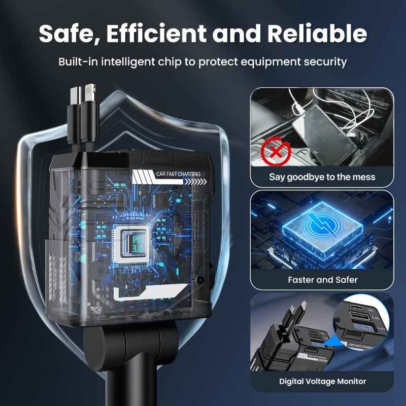 A Stylish Mech Car Charger That Offers Fast Charging, Supports Simultaneous Charging of Four Devices, Includes Two Retractable Cables, Features 180-Degree Rotation Adjustment, Has a Voltage Display Function