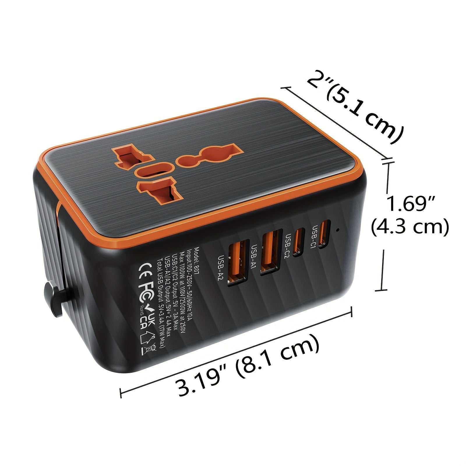 5-In-1 Universal Travel Adapter Featuring 2 USB-C And 2 USB-A Ports, Supporting PD And QC 3.0 Fast Charging. This International Power Plug Converter Is Suitable for Use in The US, EU, UK, AU, And Asia