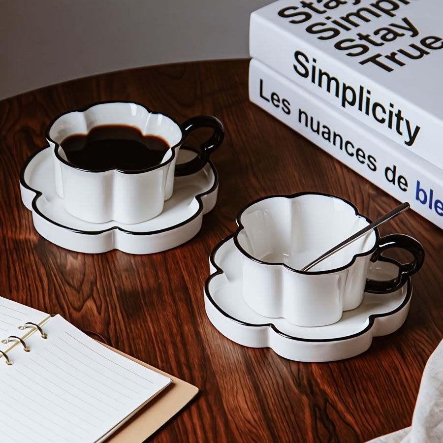 Nordic Simple Petal-Shaped Ceramic Coffee Cup & Saucer Set – Unique Office & Home Afternoon Tea Cup Set, High-End & Exquisite, High-Appeal Birthday Gift, Souvenir – Reusable, Hand Wash Only