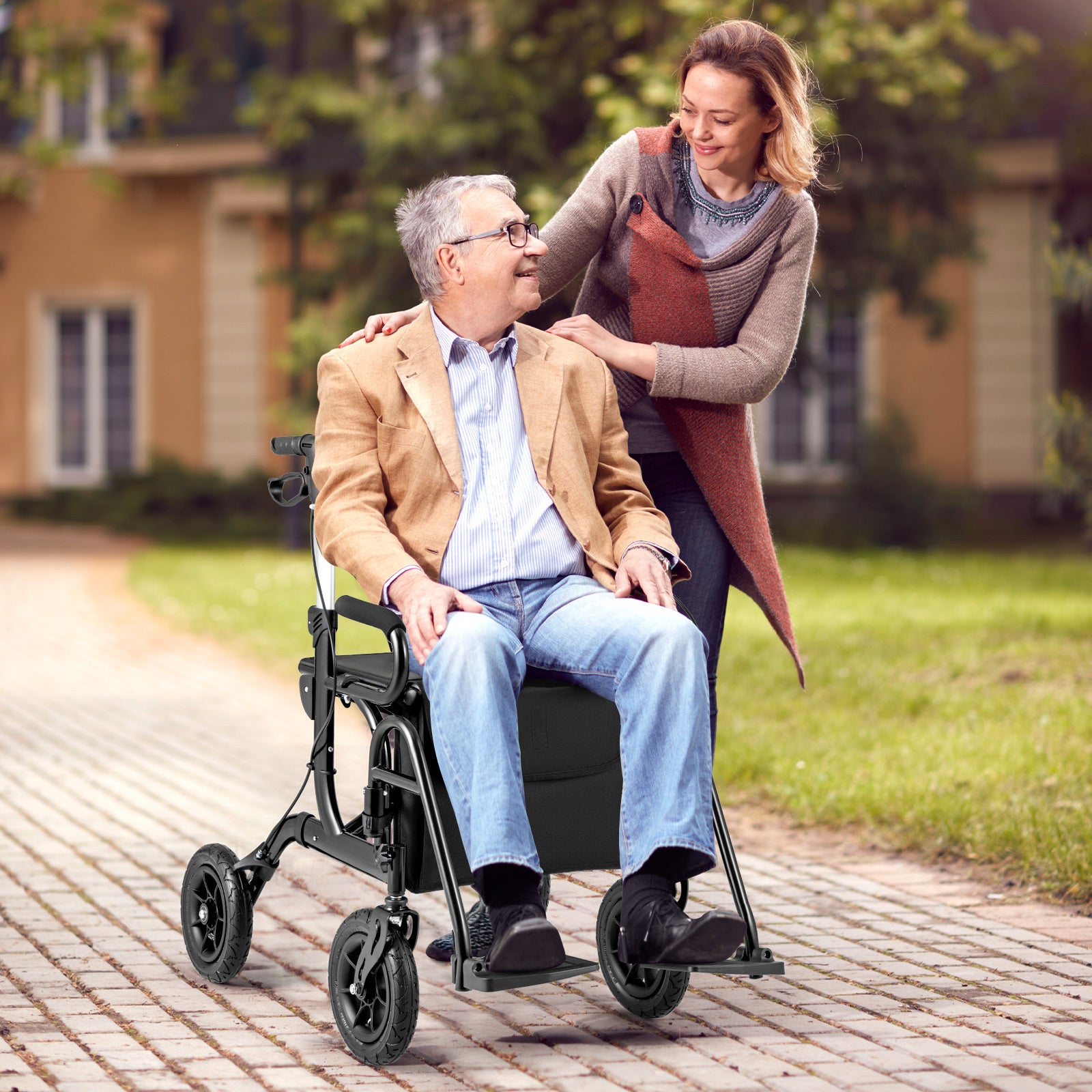 COSTWAY Seniors walker 带座椅，2 合 1 可折叠滚动助行器和轮椅组合，带 9 英寸气动轮胎，适合各种地形，高度可调，人体工程学背部支撑和轻量级铝制框架