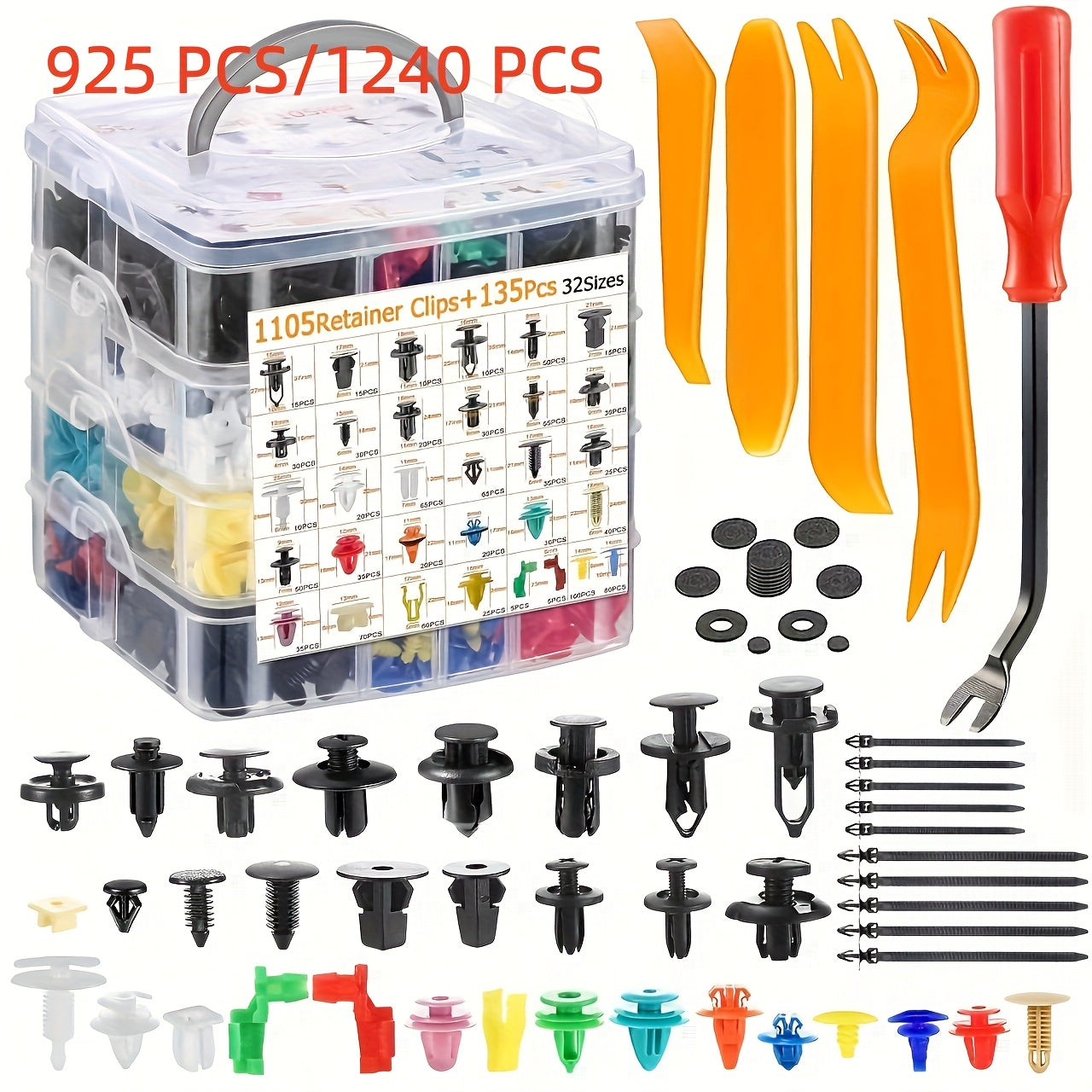 925/1240-Piece Multi-Function Large Capacity Auto Clip Assortment Kit – Heavy-Duty Automotive Fasteners in 32 Sizes (Screws, Clips, Retainers) for Dashboard, Interior Panel, Audio System Repair/Installation