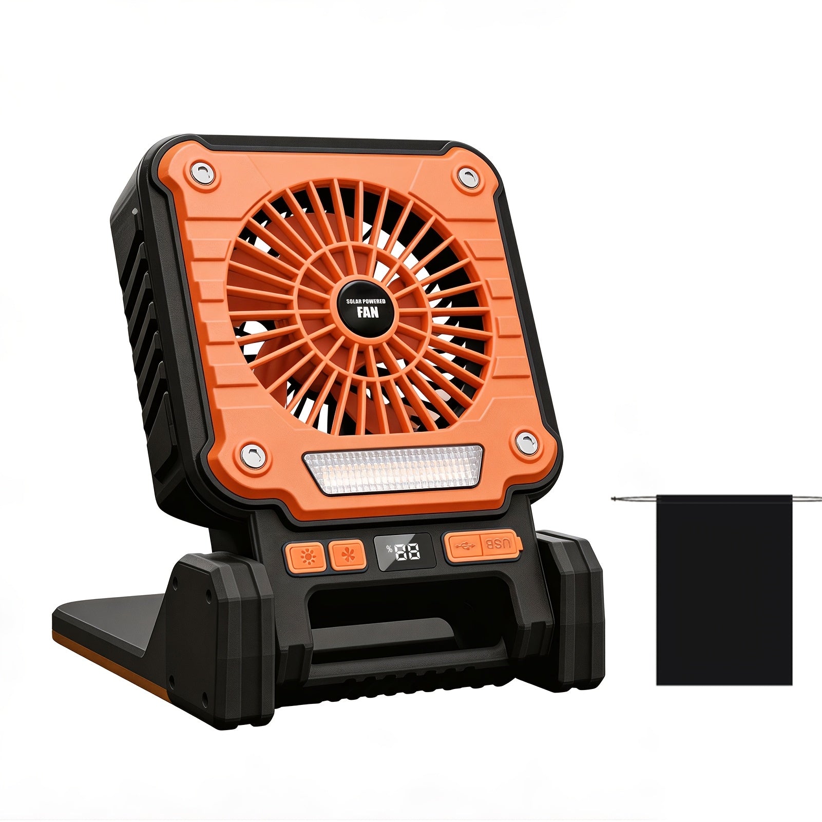 Portable Camping Fan, USB & Solar Charging, 3 Wind Speed Levels, Digital Power Display, 5 Lighting Modes, Emergency Light, Built-in Hook, Ideal for Camping & Auto Repair, Comes with Storage Bag