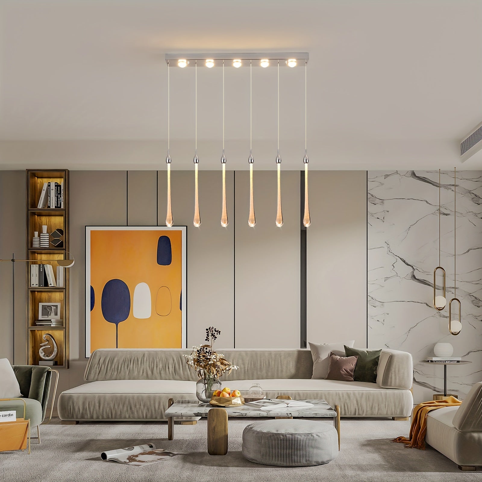 Qcyuui 6-light modern crystal teardrop pendant light - dimmable RGB-like color temperature (3000K-6000K) LED pendant light, with remote control, adjustable height and semi-flush mount installation, polished chrome finish