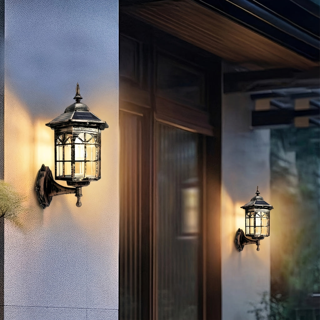 1-Pack Solar Outdoor Wall Light, Vintage European Medieval Style, Silicon Solar Panel, 1200mAh Lithium Battery, Motion Human Body Induction, 3 Modes, Semi-Flush Mount (Removable), Plastic Lampshade, Automatic Lighting
