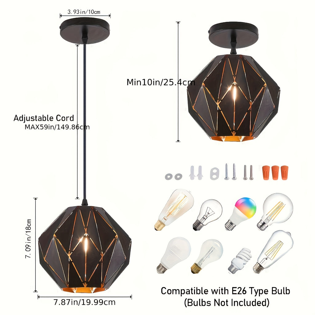 Industrial Pendant Light Kitchen Island, Black Pendant Lighting Fixture Chandelier, with Metal Geometric Diamond Shade, Ceiling Vintage Pendant Light, for Dining Room Living Room Bedroom Modern Light Fixture Ceiling