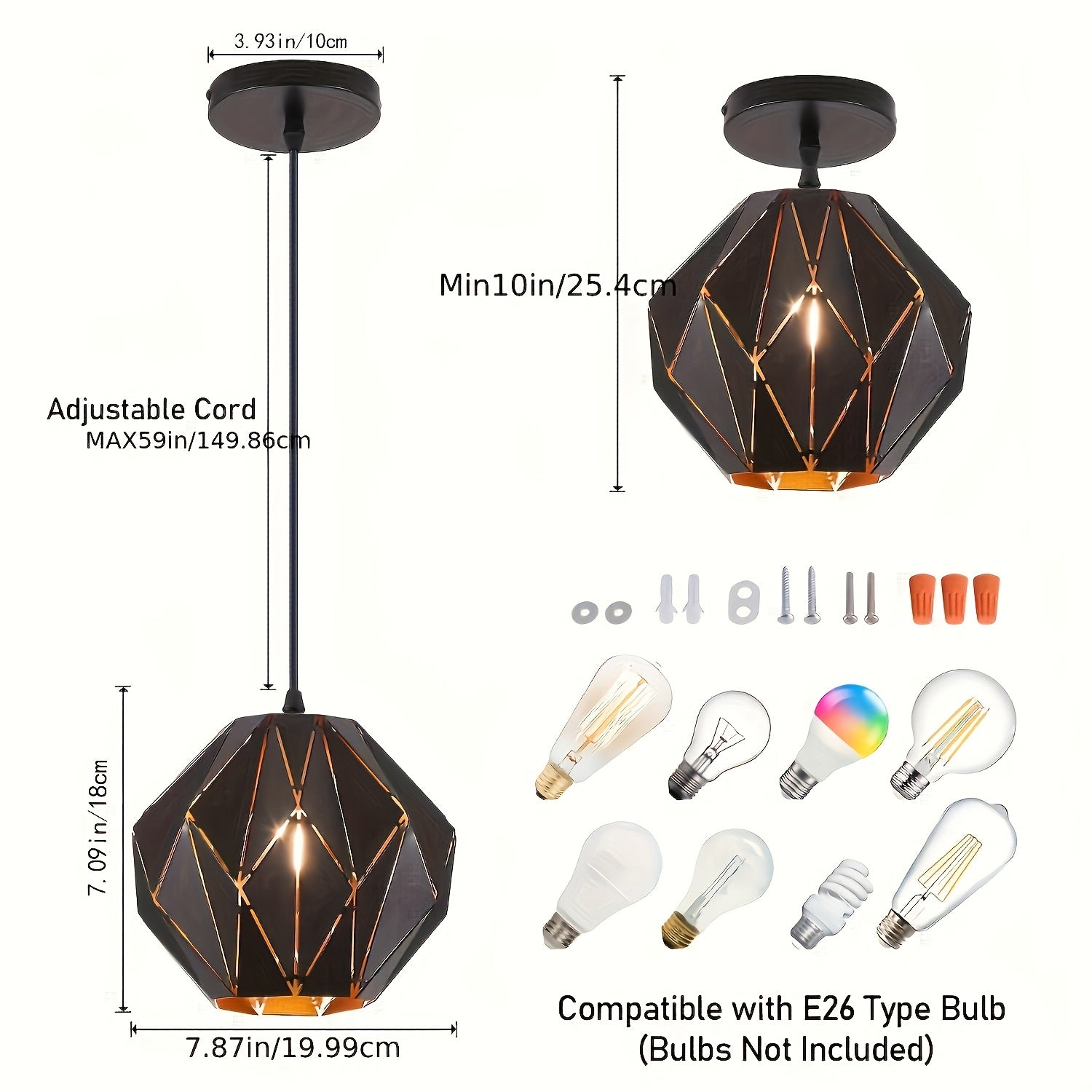 Industrial Pendant Light Kitchen Island, Black Pendant Lighting Fixture Chandelier, with Metal Geometric Diamond Shade, Ceiling Vintage Pendant Light, for Dining Room Living Room Bedroom Modern Light Fixture Ceiling