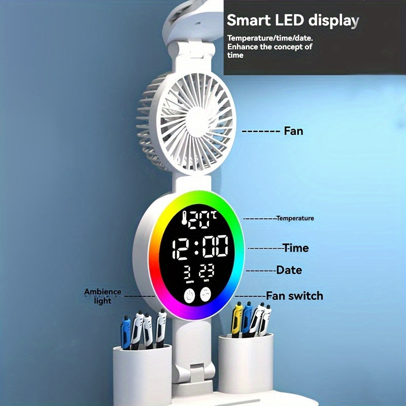 2-Head / 4-Head Optional Smart Desk Lamp with Fan & Pen Holder, USB Powered Touch Control, Adjustable Dual Lighting, Time & Temperature Display, Color Changing, Eye-Caring Modern Touch Lamp, Multifunctional Fashion Durable Plastic Lamp