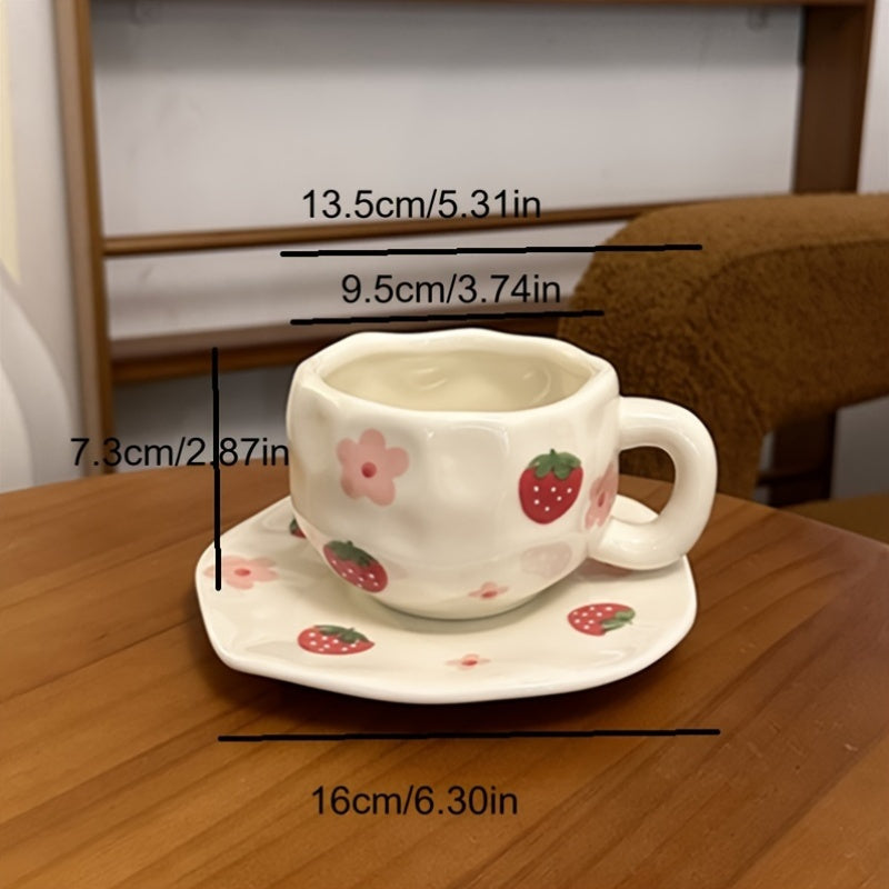 Single Set 300ml / 10.15oz Retro Flower Ceramic Cup & Saucer, Tulip Heart Bow Strawberry Irregular Coffee Cup & Saucer, Hand-Pinched High-Appeal Afternoon Tea Mug