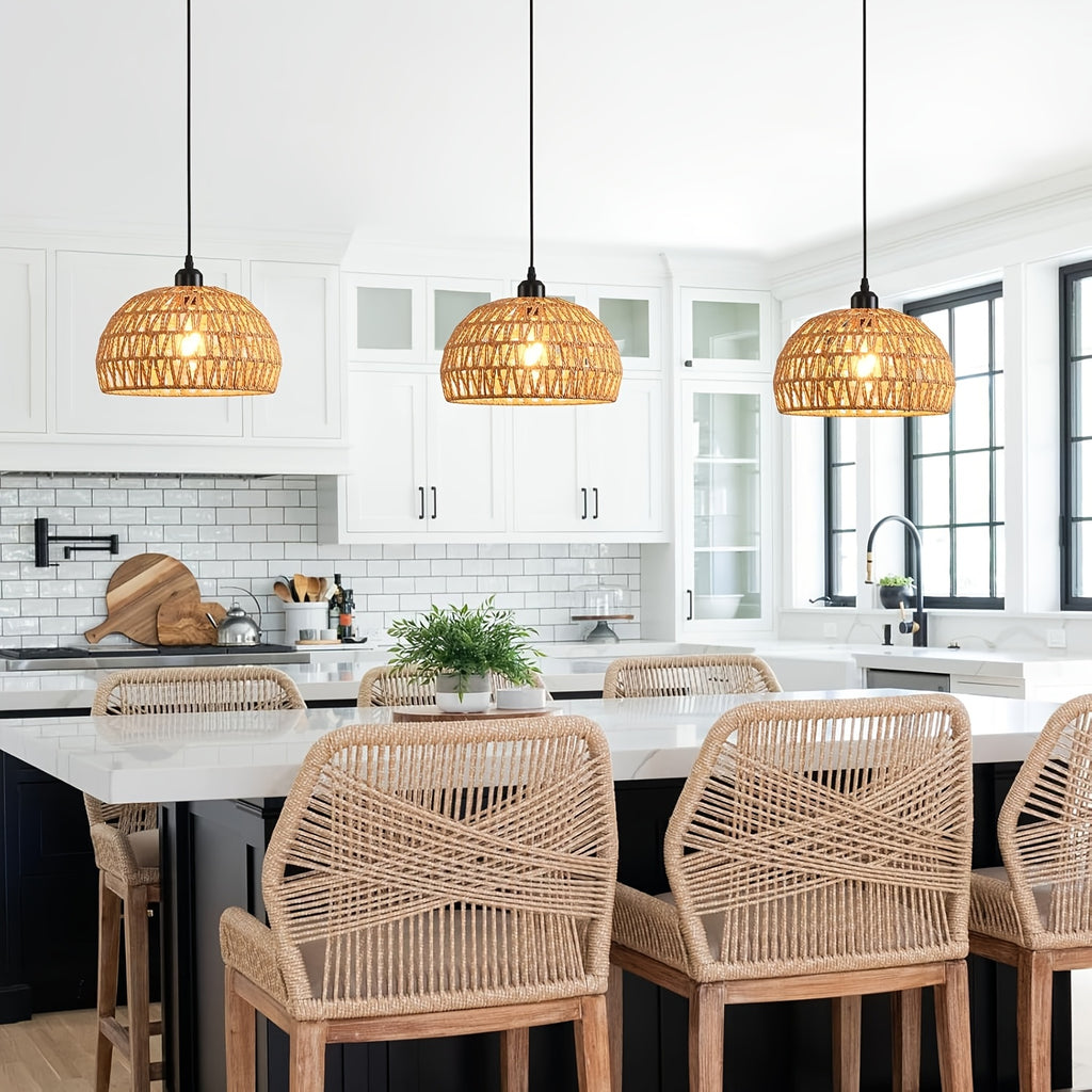 Handmade Nordic Style Rattan Pendant Light, Height Adjustable, Suitable for Rustic Farmhouse Environment, Includes Woven Pendant Light and Hanging Light, Suitable for Dining Room, Bedroom, Hallway and Entryway, E26 Socket