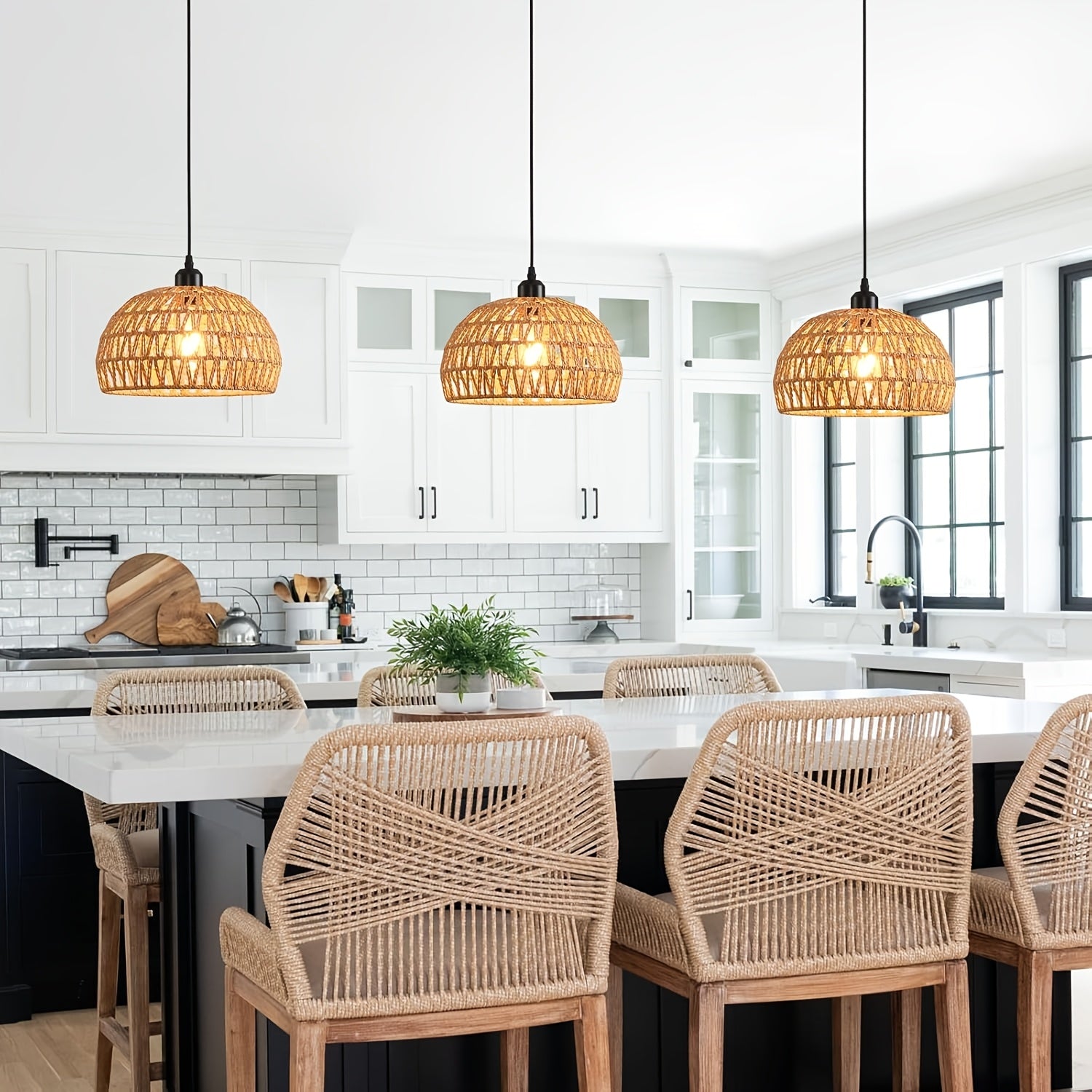 Handmade Nordic Style Rattan Pendant Light, Height Adjustable, Suitable for Rustic Farmhouse Environment, Includes Woven Pendant Light and Hanging Light, Suitable for Dining Room, Bedroom, Hallway and Entryway, E26 Socket