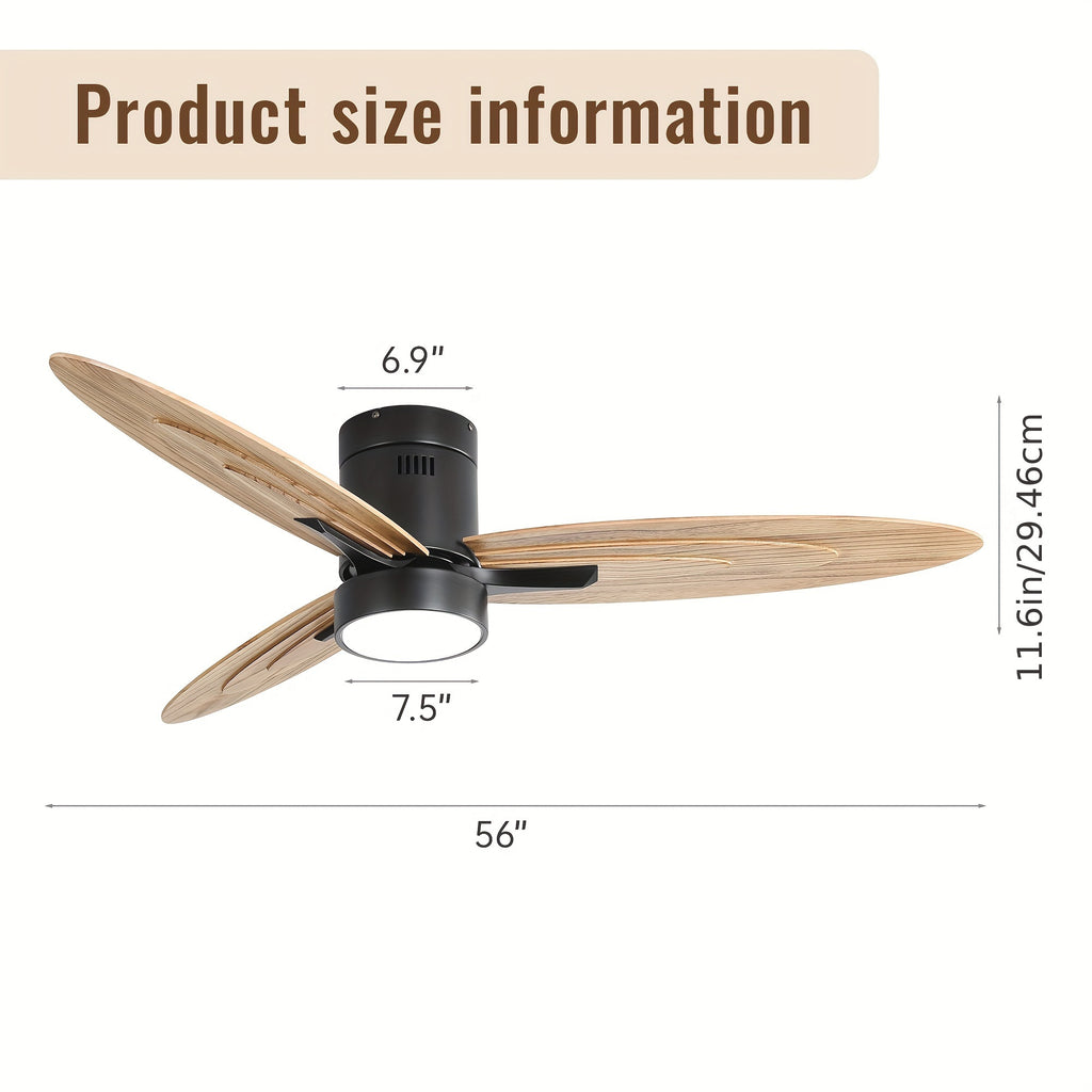 Sofucor New 56" Black Ceiling Fan with Light & 3 Solid Wood Blades, Remote Control for Living Room, Patio & Dining Room