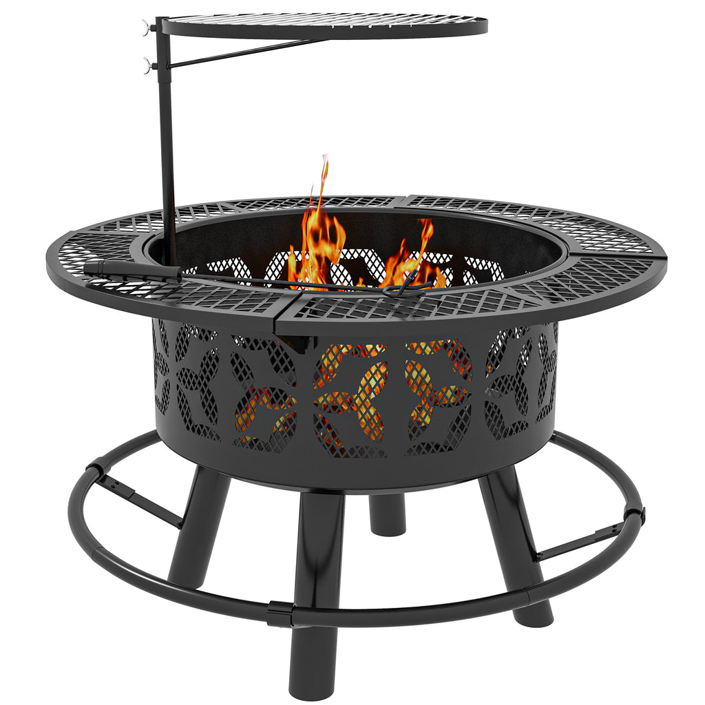 2-in-1 Fire Pit & Charcoal BBQ Grill, 33-Inch Portable Wood Burning Fire Pit with Adjustable Cooking Grate, Pan & Poker, Camping Bonfire Stove, Black