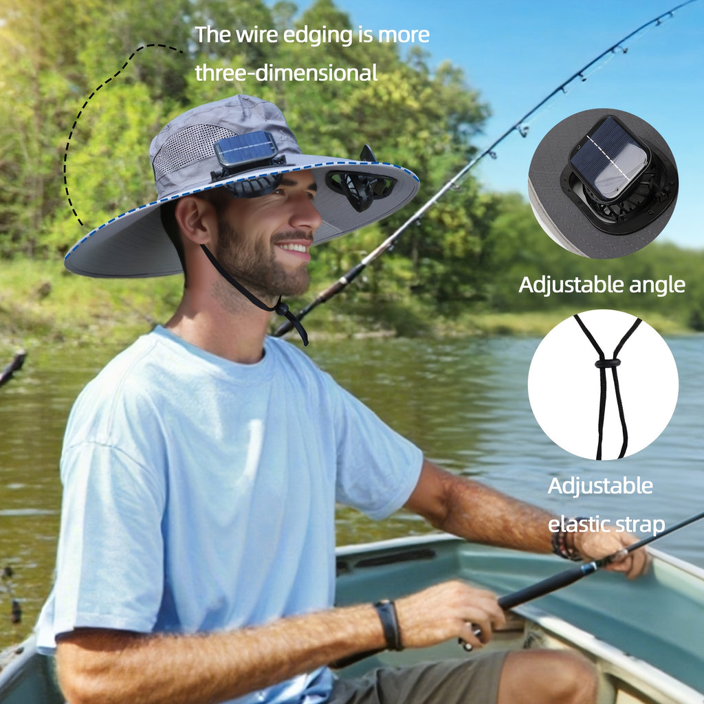 Solar Fan Hat, 800mAh Large Capacity Battery, 15cm Brim with Steel Wire Edging, UPF50+, Built-in 2 Pcs 180° Adjustable Fans, Solar & USB Dual Charging Support, Perfect for Beach, Camping, Fishing and Outdoor Activities