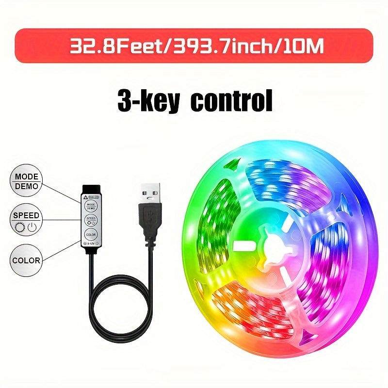 1roll RGB 电视背景 LED 灯带 3 键按钮控制 柔性胶带 适用于游戏室 万圣节 圣诞节装饰