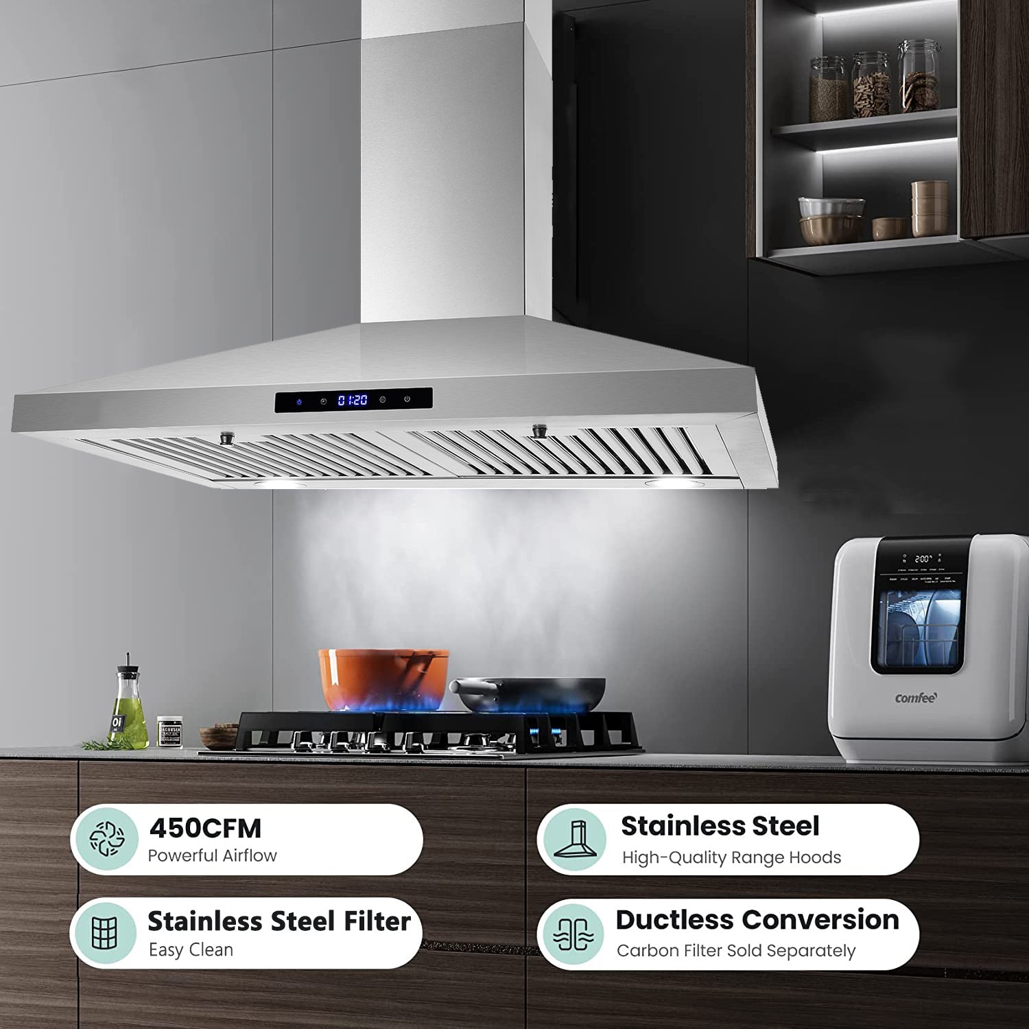 30-Inch Wall-Mounted Range Hood, 450 CFM Ventilation, Touch Control, Stainless Steel Design, LED Lighting, 3-Speed Fan, Available in Black and Silver