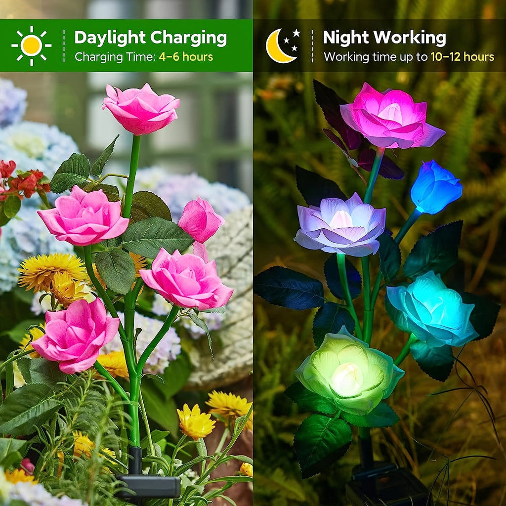 4pcs Solar 5-Rose Flower Light with 20 Flowers LED Artificial Flower Light Outdoor Decoration Courtyard, Garden, Path, Front Door, Lawn Ground Insert Flower Light Gift for Mom's Birthday