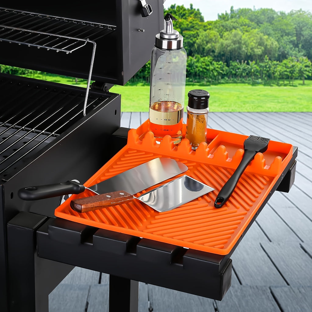 Grill Mat - Blackstone Side Shelf Mat, Silicone Grill Mat for Outdoor Grill & Kitchen Counter, Large Silicone Spatula Mat with Drip Pad, Grill BBQ Tool Holder, Griddle Accessories