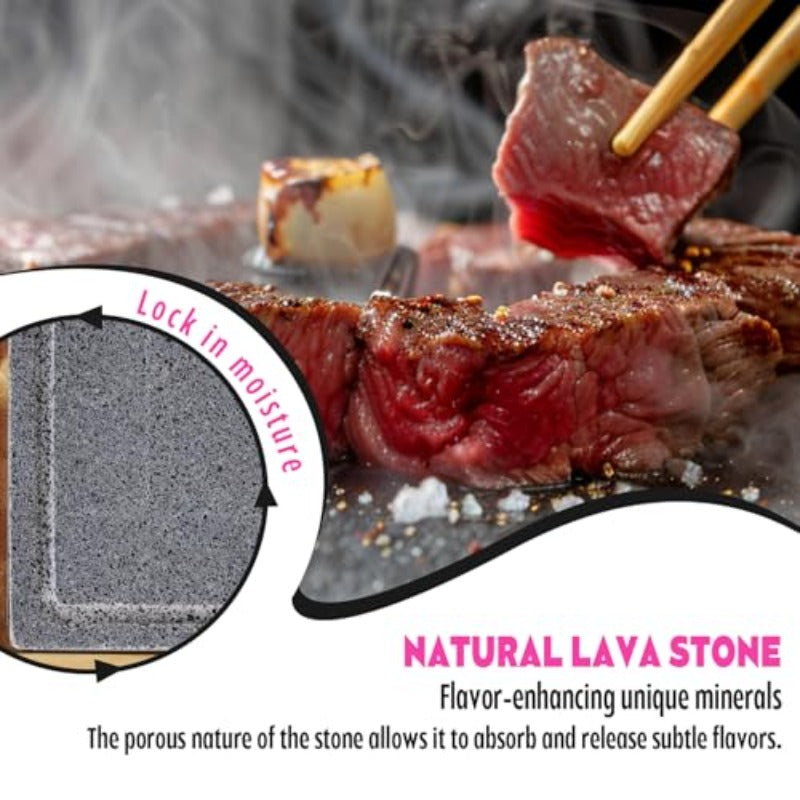 Artestia Volcanic Stone Grill | Smokeless BBQ Grill with Bamboo Stand, Fast-Heating Natural Volcanic Stone Cookstones, Ideal for Dinner & Family Entertainment, Dual Grill Racks, 14.56" x 6.69"