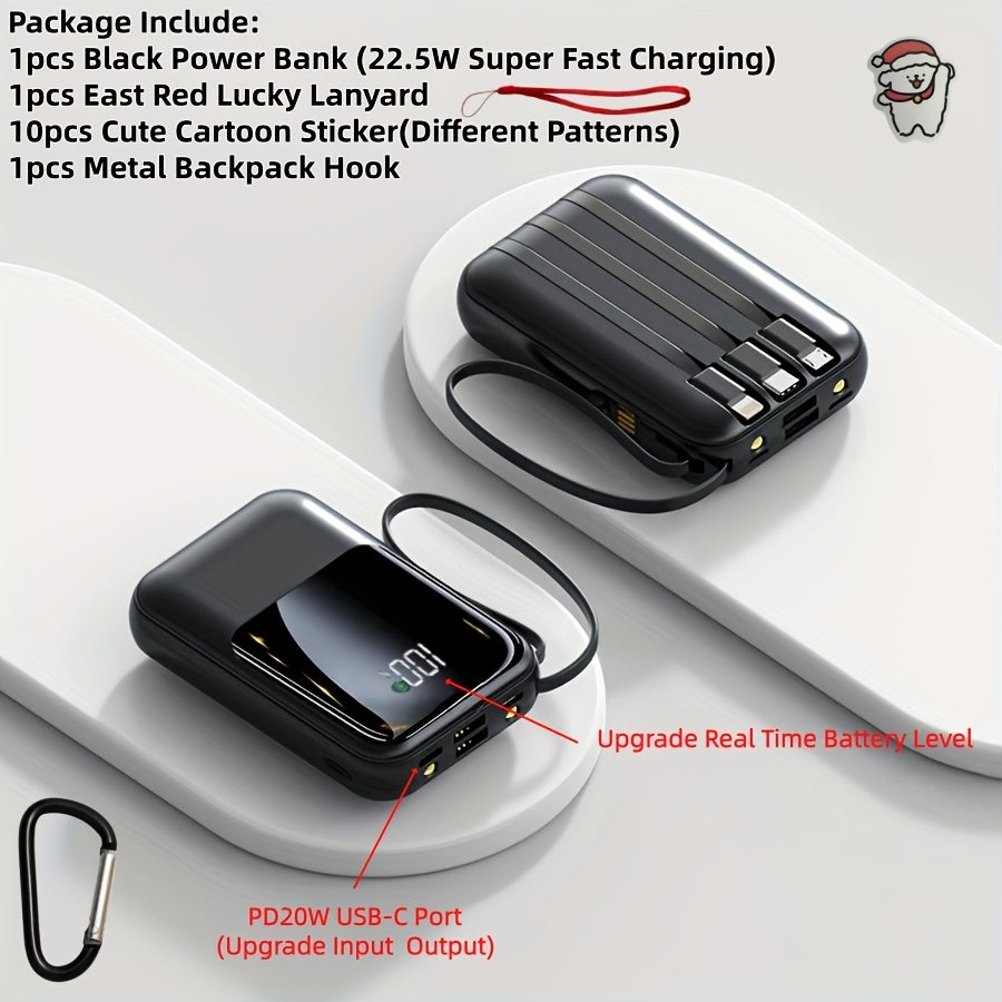 10000毫安迷你可愛5W/15W/22.5W超級快充多功能充電寶，大容量可充電便攜手機充電器，內建4條資料線，超亮LED燈，戶外旅行移動電源，智慧數顯屏，Micro與Type-C輸入，USB-C輸出，適用於iPhone，情人節禮物