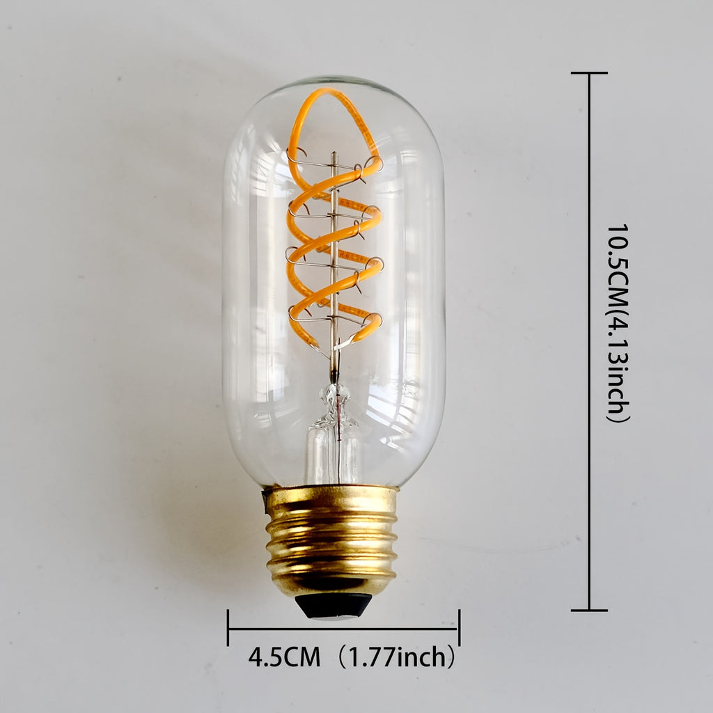 1 Edison LED decorative bulb, T45 tubular bulb 120V 4W 2300K warm yellow amber clear glass LED spiral filament bulb E26 base, dimmable, suitable for bedroom, dining room, bar, warm home lighting replacement bulb