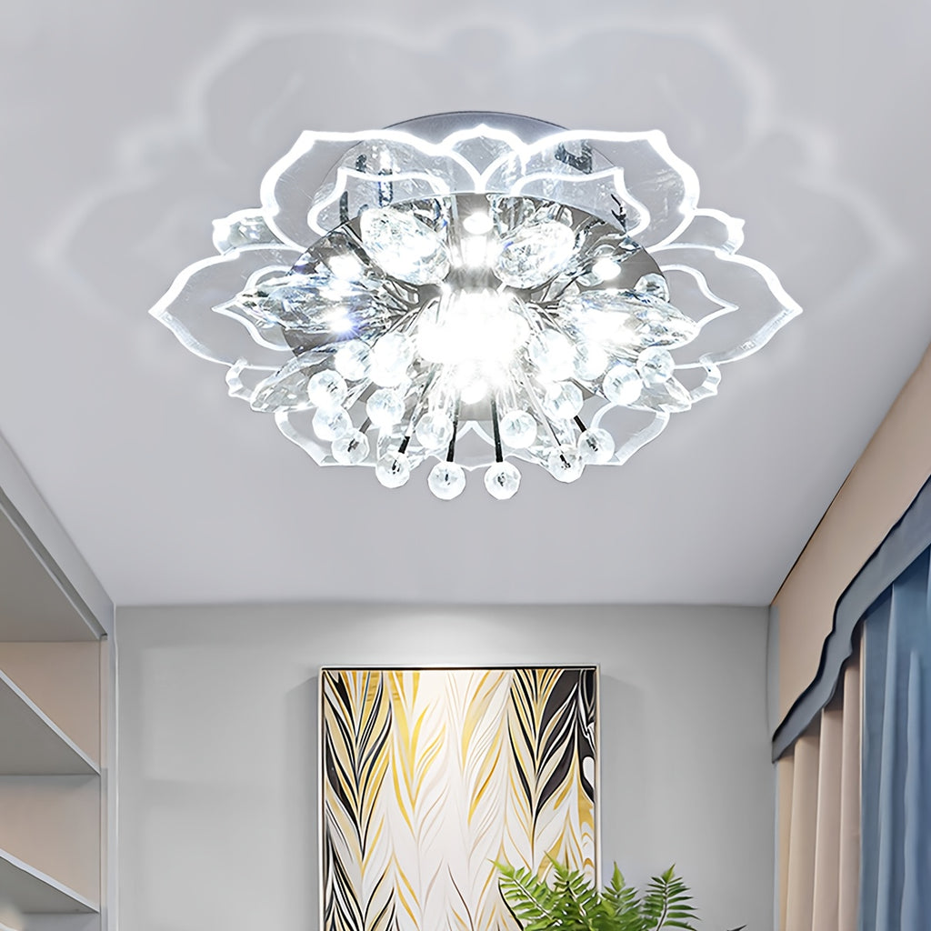 Crystal Glass Ceiling Light Flower-Shaped Colorful Mini Ceiling Light, Adjustable Light Color, Semi-Flush Mount Hardwired, Suitable for Hotel, Living Room, Hallway, Corridor, with LED Light Source