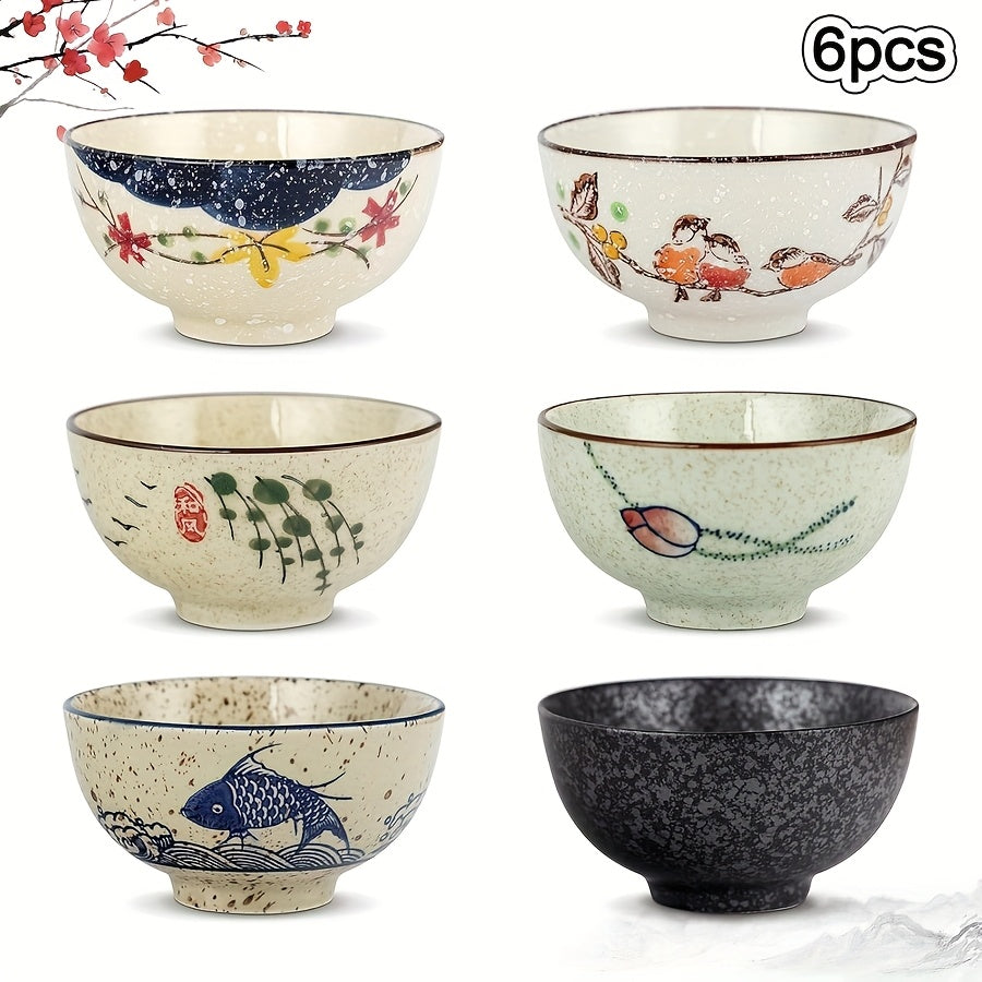 6pcs Vintage Ceramic Cereal Bowls, 4.5-Inch Stackable Chinese Bowls – Small Hand-Painted Dinnerware Set – Perfect for Cereal, Salad, Dessert, Ice Cream, Rice, Noodles – Dishwasher Safe & Microwave Safe
