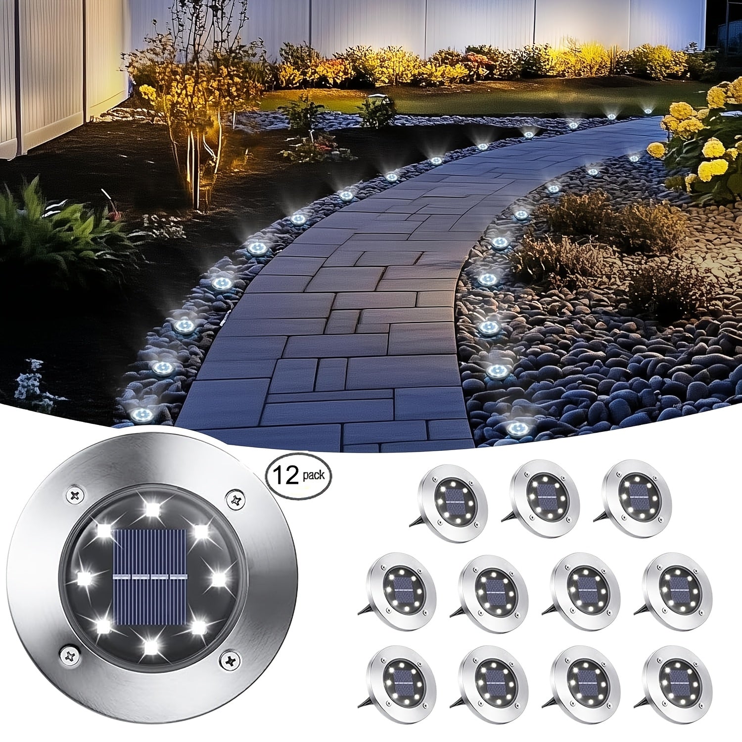 8/12-Piece Outdoor Solar Ground Light, 8-LED Solar Landscape Courtyard Light, IP44 Rating, Suitable for Path, Courtyard, Lawn and Driveway, White