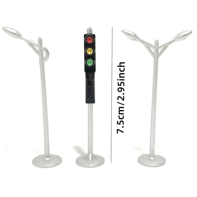 3pcs Miniature Traffic Light & Street Lamp Model Set, Dollhouse Simulation Street Scene Ornament, Signal Light for Sand Table & Architectural Scene Accessories