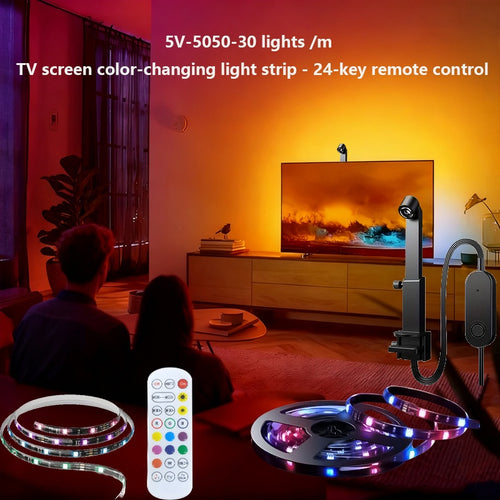 150inch USB智能LED灯带，带摄像头，适用于屏幕电视，电脑、大屏智能氛围灯带，舞台智能灯带，拾取屏幕色彩，LED条形灯与屏幕和音乐同步，遥控+线控