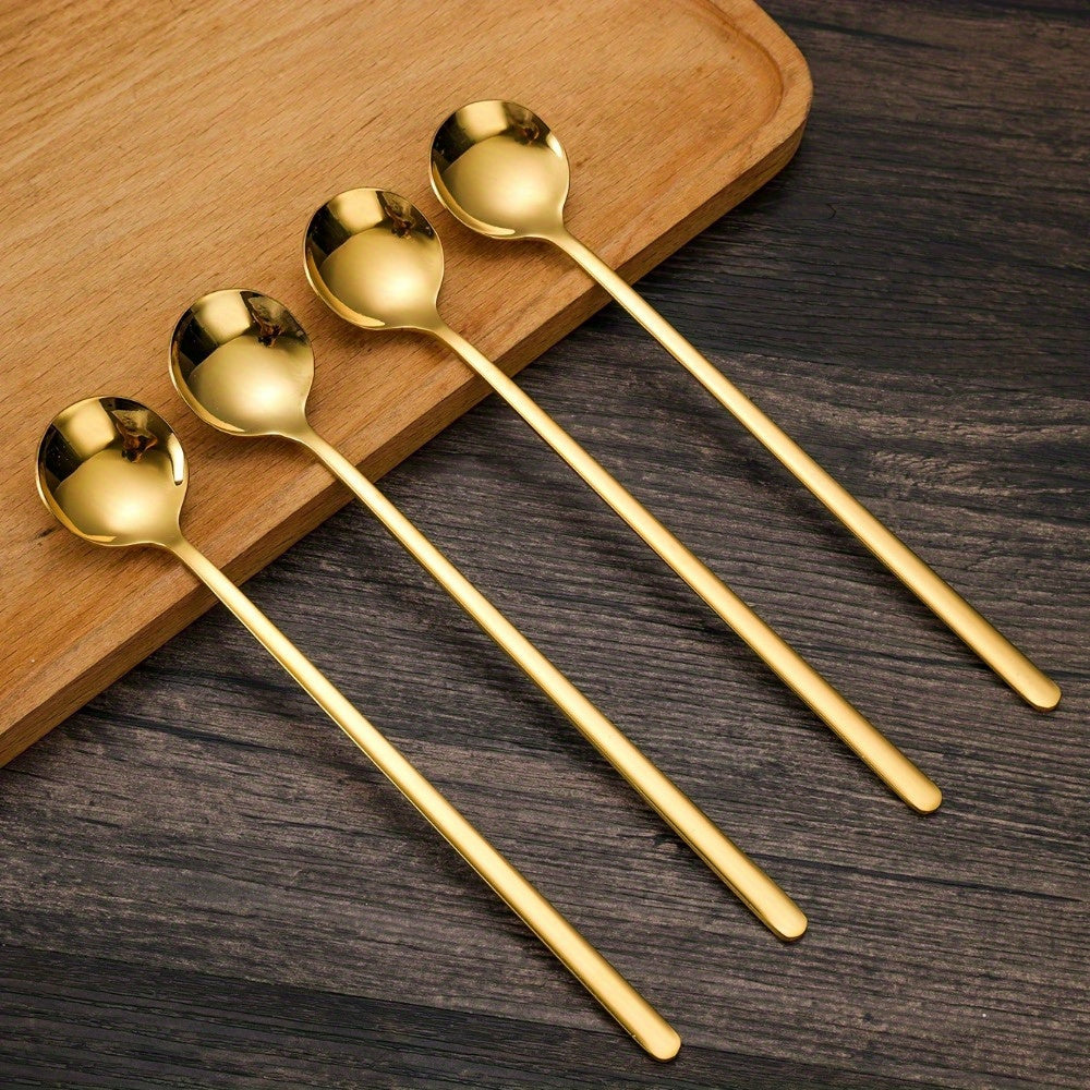 8-Piece Stainless Steel Long Handle Spoons Set - Gold Coffee Stirring Spoons & Tea Spoons, Elegant Home & Kitchen Utensils