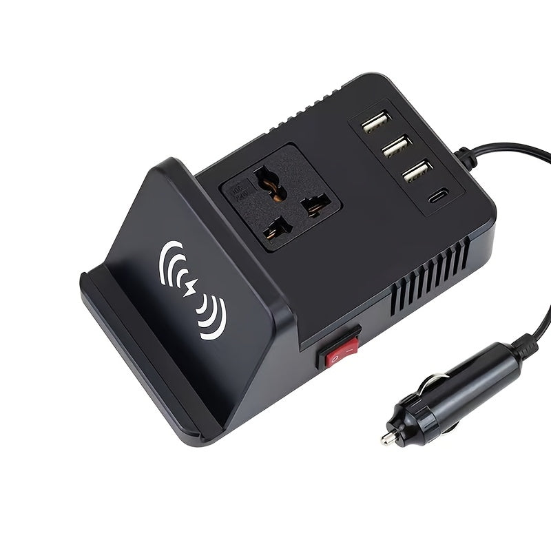 这款车载逆变器具有无线充电端口、Type-C USB接口、通用国际插座、独立开关，并且也可以用作手机支架，非常适合在不同场所使用，无需电池。