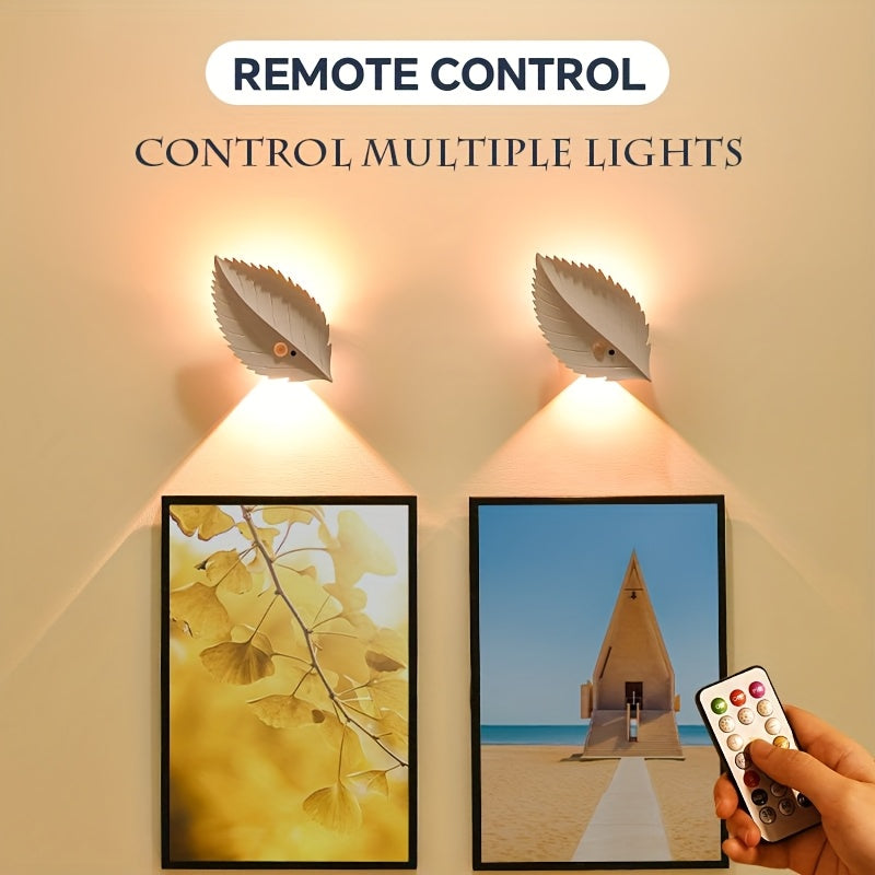 1Pcs LED Leaf Shape Spotlight, Rechargeable Motion Sensor Wall Light, RGB Color Ambient Lamp, Warm Night Light, Stepless Dimmable Magnetic Remote Wall Light for Bedroom Living Room Corridor Stairway