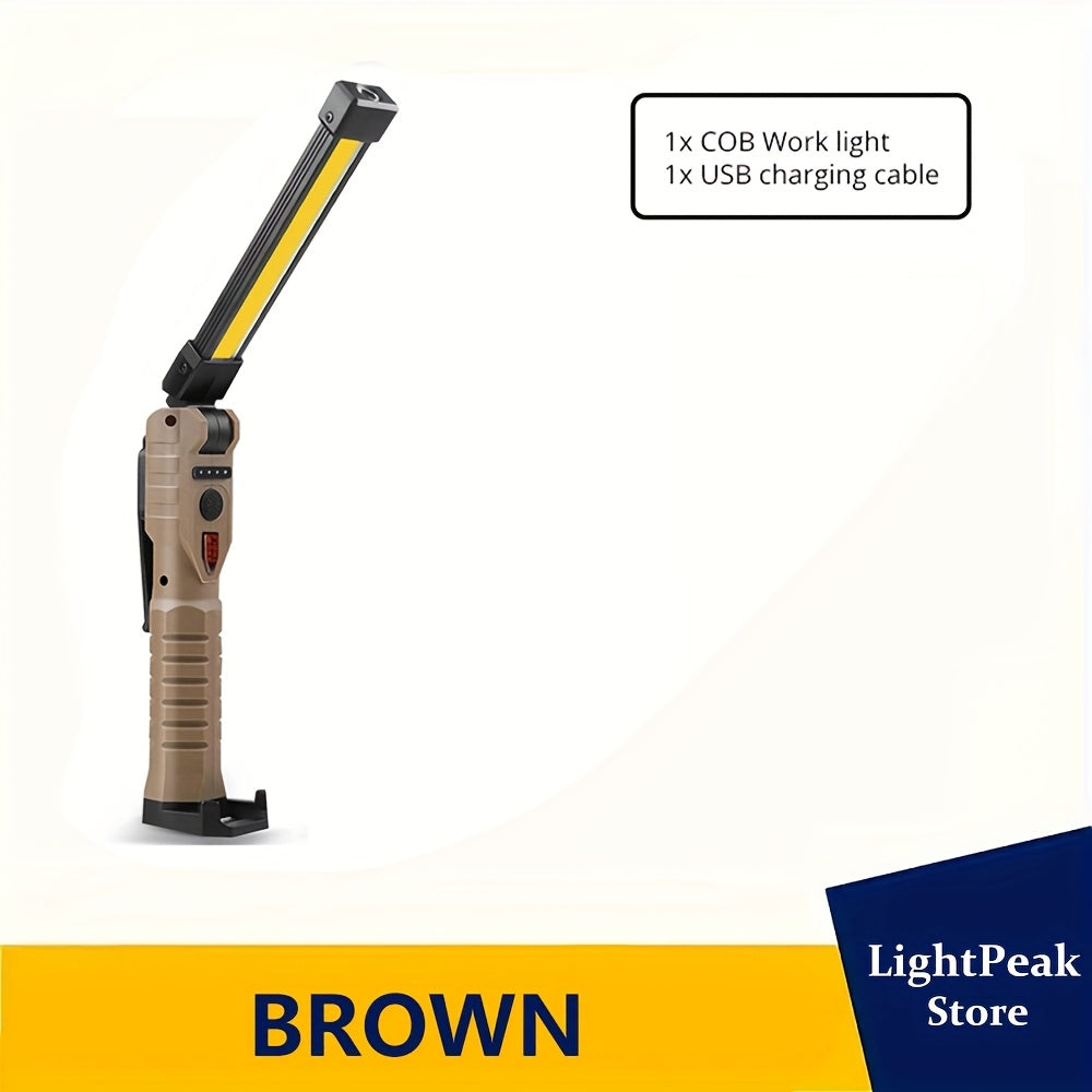 1 Portable LED Flashlight, USB Rechargeable Handheld Light, Foldable COB Work Light with Magnet & Hook, Rotatable Tent Light, 7-Mode 18650 Camping Light, Supports USB Output & Battery Level Indicator