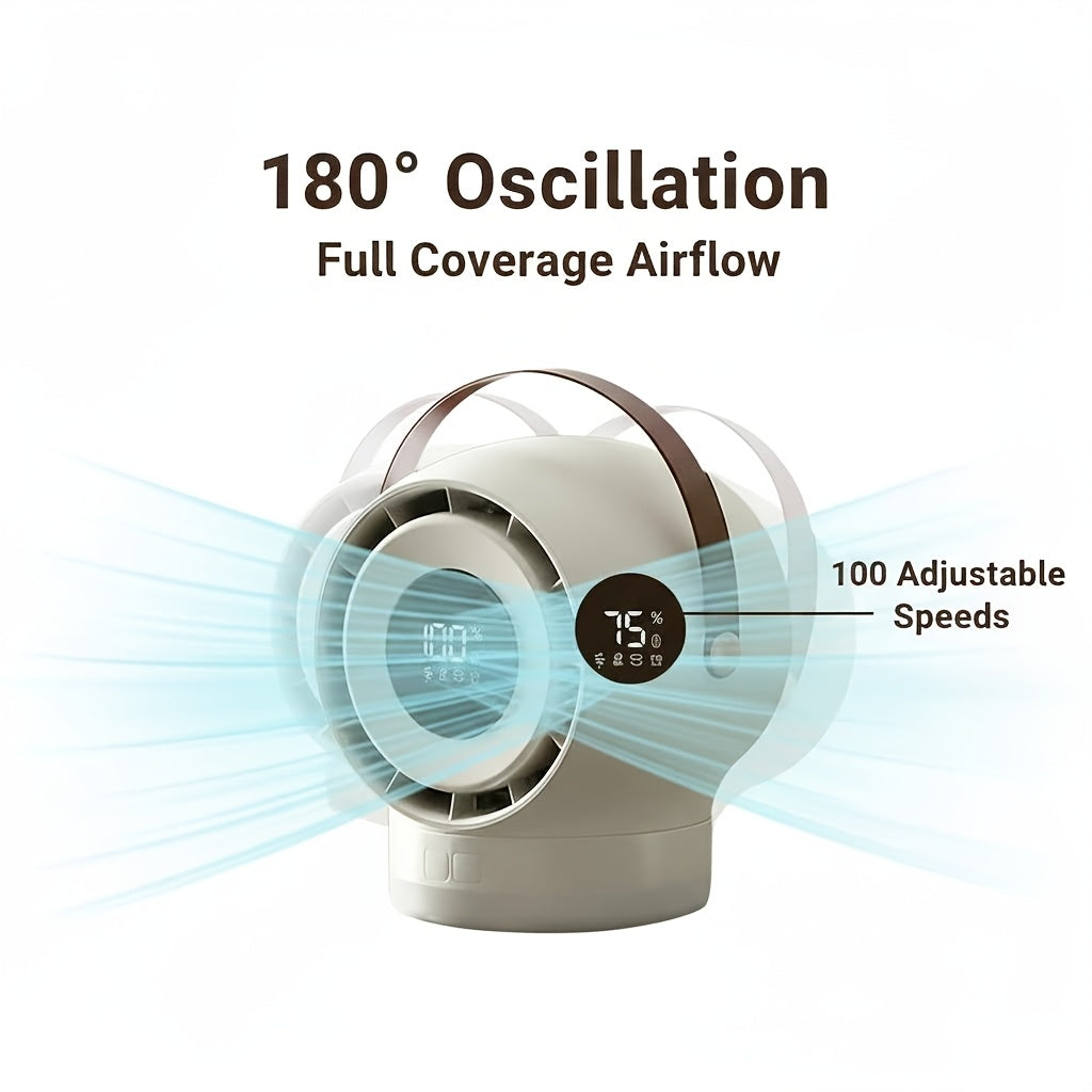 Portable Mobile Desk Fan, 100-Speed Digital Display Precise Control, 180° Smart Oscillating Air Supply, Leather Handle, Compatible with Diverse Home Styles/