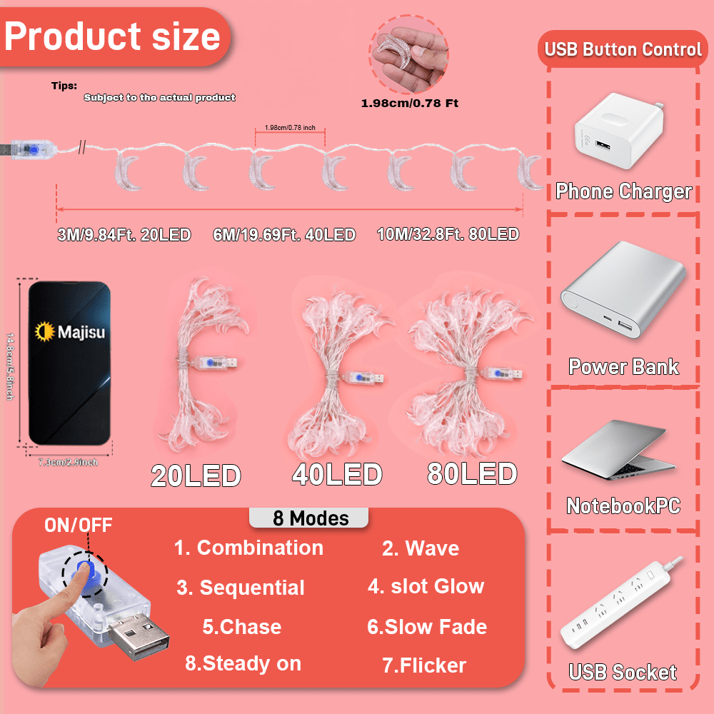 1件，80/40/20LED，智能月亮灯串，USB供电，室内LED灯带，8模式，适用于斋月、开斋节、卧室、宿舍、婚礼装饰 – 室内栅栏发光设计