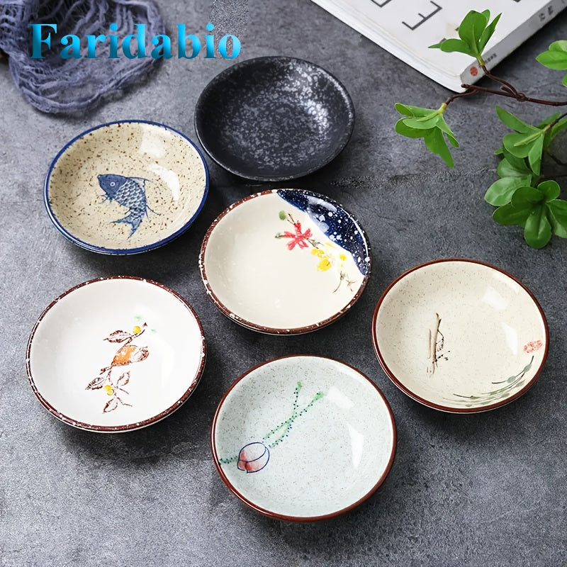 6-Piece Japanese Vintage Ceramic Small Plate Set – Round Porcelain Seasoning Dish, Sauce Dish, Snack Plate – Hot Pot Condiment Tray Set – Perfect for Home Kitchen, Western Restaurant Parties & Other Uses