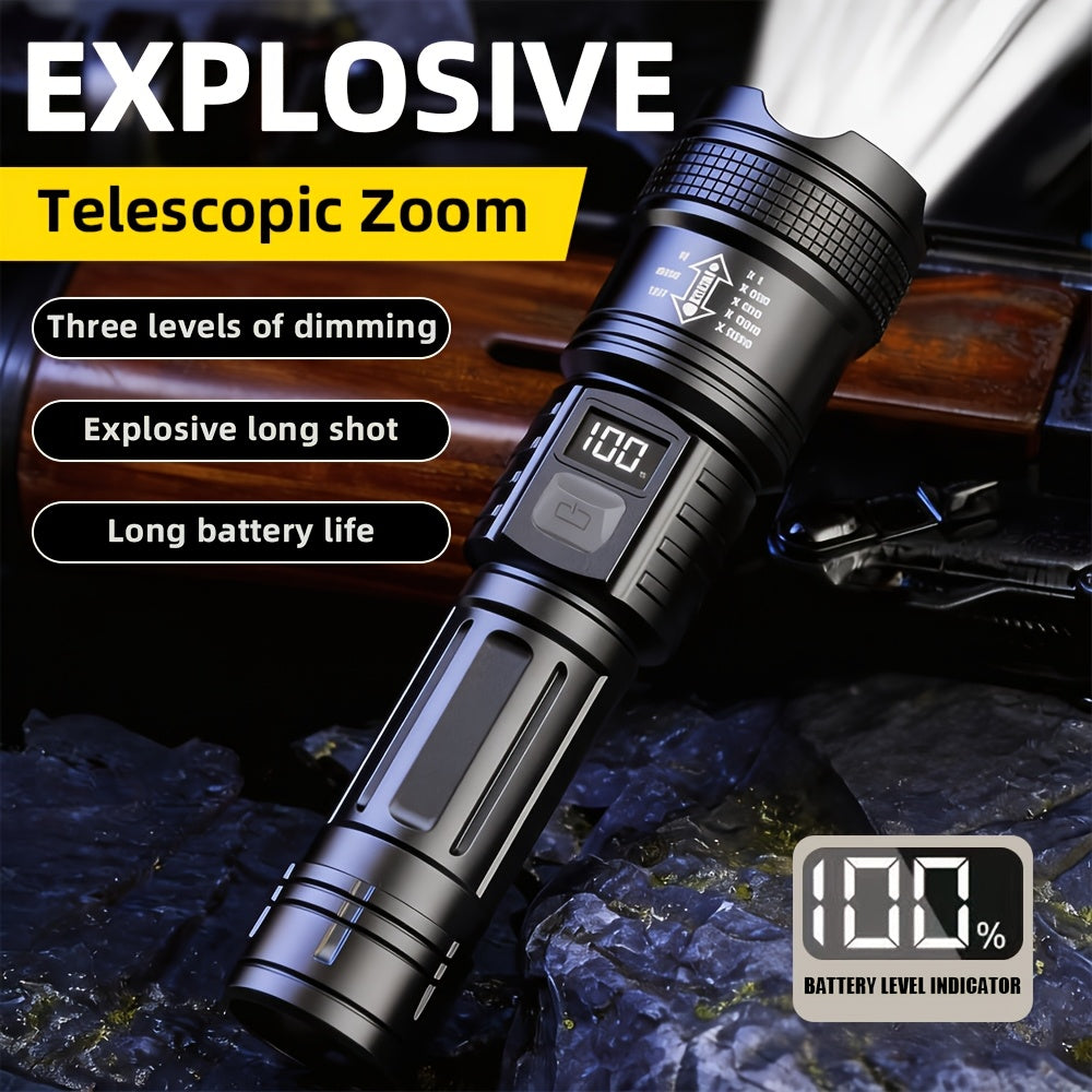 LED Flashlight, Telescopic Zoomable, Focus and Flood Dual Use, 3 Modes High Low Strobe Dimmable, Digital Power Display Real-Time Battery Level, USB Rechargeable Long Endurance, High Brightness Long Range