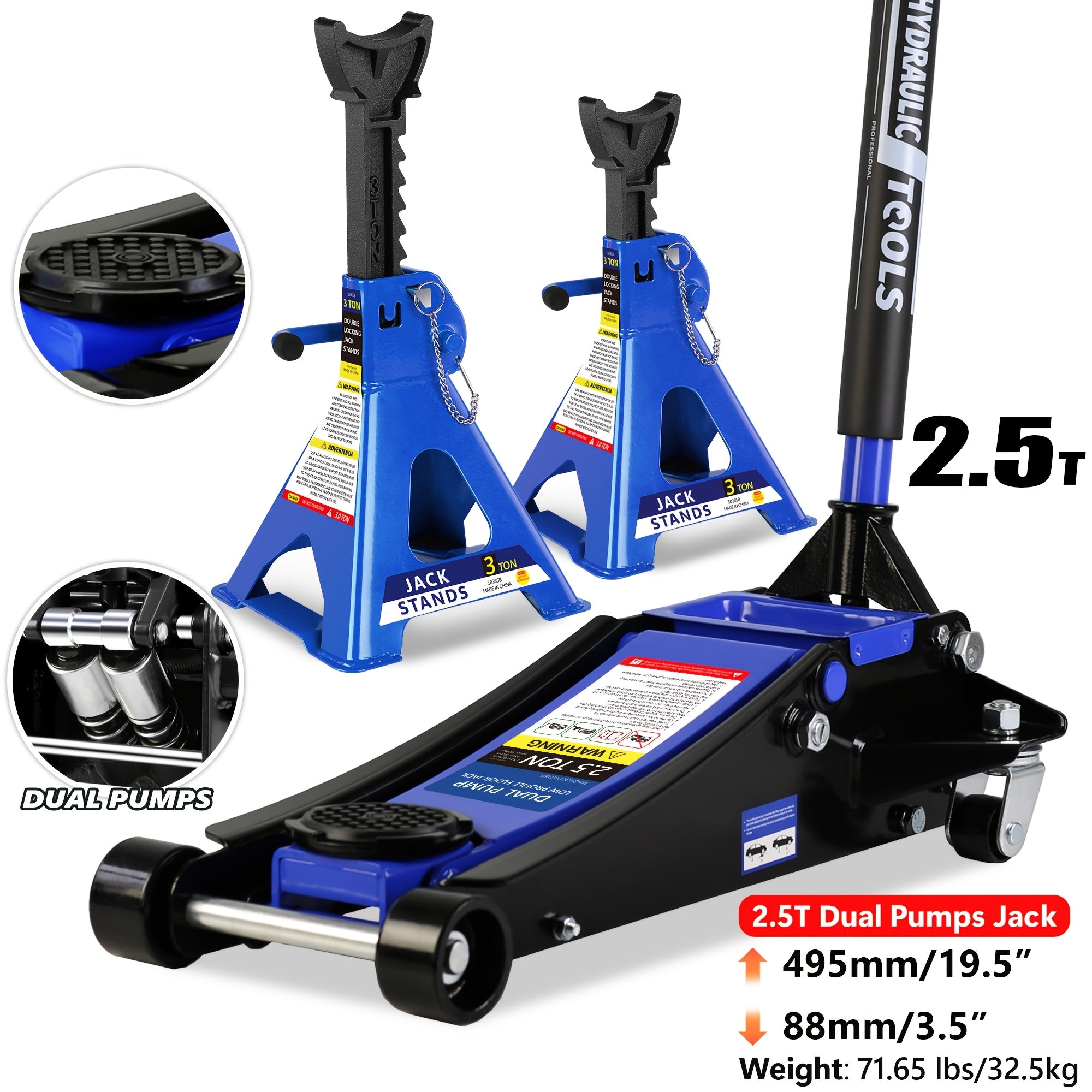 2/2.5/3 Ton Capacity Low-Profile Garage Hydraulic Jack Combo Kit, Optional: 2 Ratchet-Type 3-Ton Jack Stands, Tire Repair Tool Kit, 14-Inch Lug Wrench, Wheel Chocks for SUV/Sedan/Truck