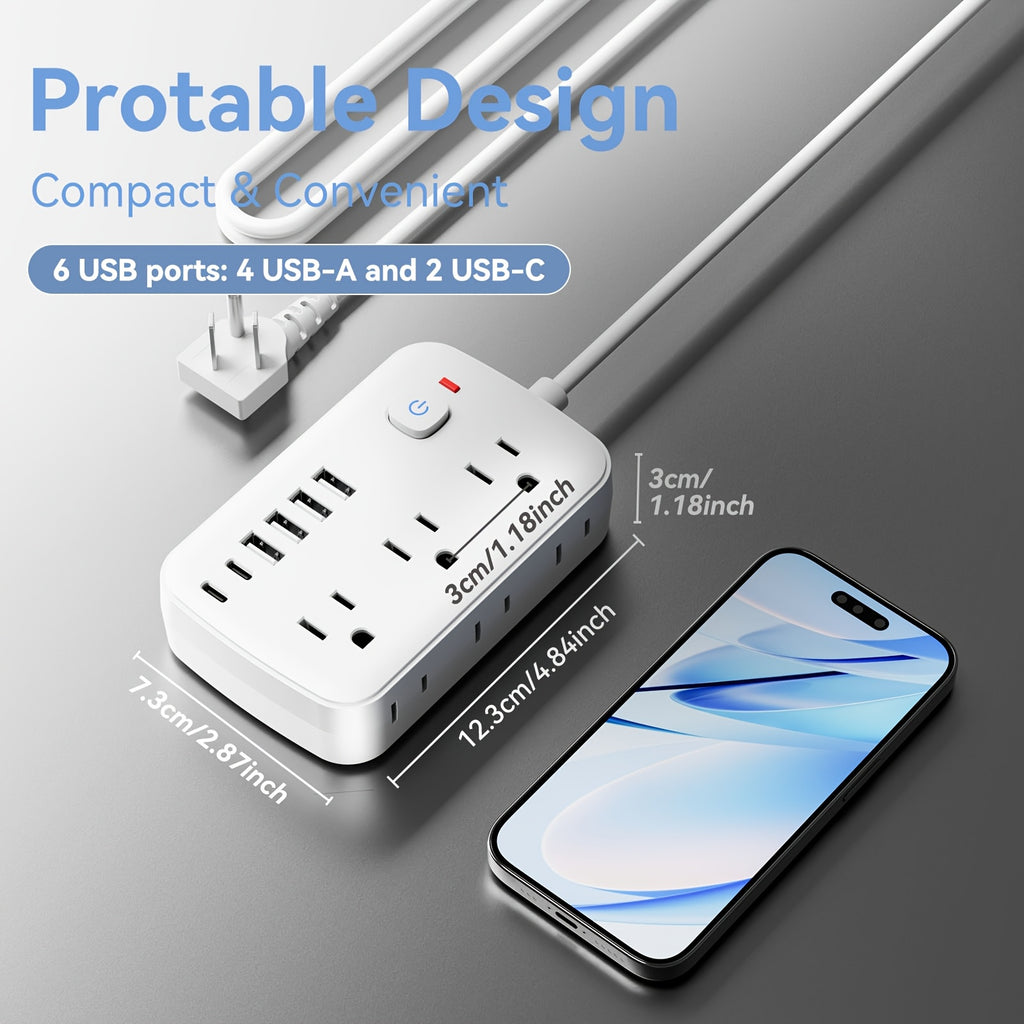 Travel Power Strip Featuring 12 Functions, Equipped with a 5FT/10FT Cord, 6 AC Outlets, 4 USB-A Ports, And 2 USB-C Ports, Includes Overload Protection And Can Be Mounted on a Wall for Desk Charging